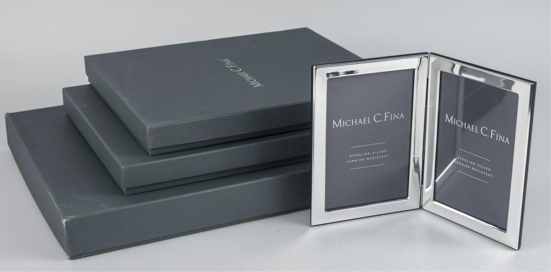 Set of Three Michael C Fina Silver Picture Frames: Manhattan pattern, including a pair of double 4 x 6 frames and a double 8 x 10 frame. Notice to bidders: Due to the nature of this particular online sale, the lots offered may not be available for det