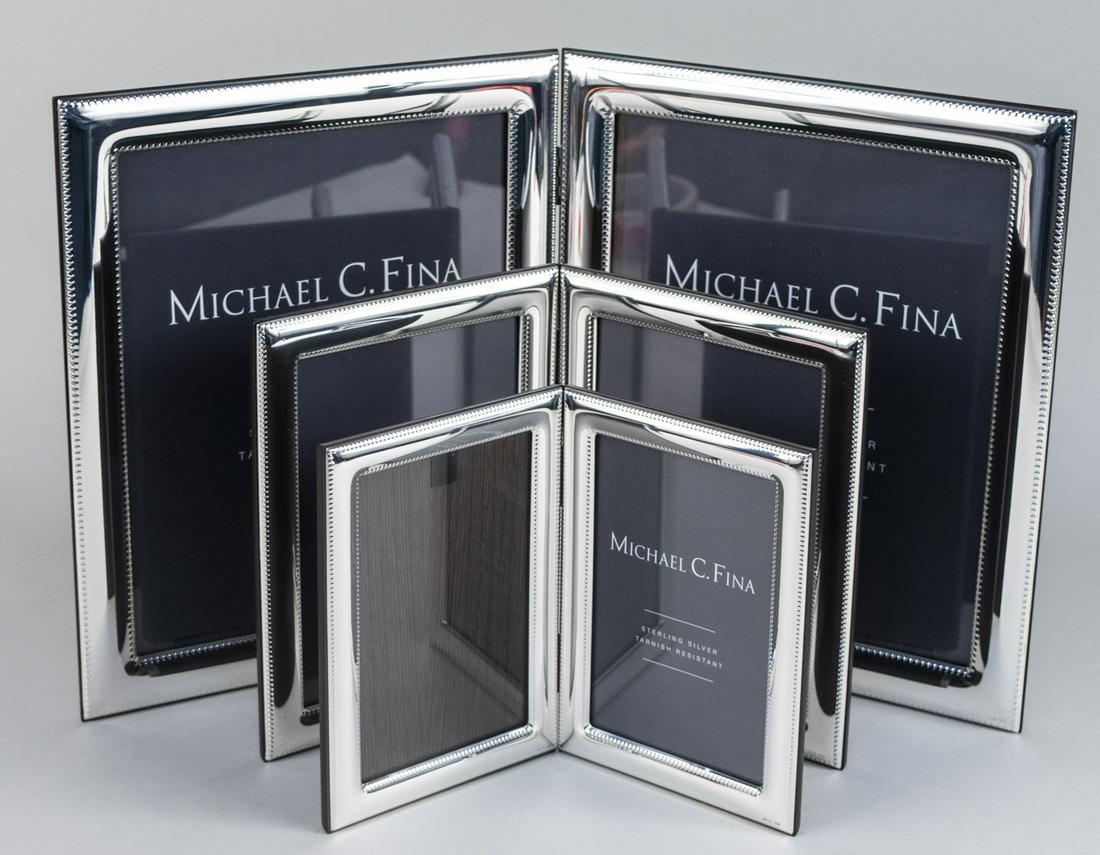 Set of Three Michael C Fina Silver Picture Frames: Lexington pattern, including a double 8 x 10 frame, a double 5 x 7 frame, and a double 4 x 6 frame. Notice to bidders: Due to the nature of this particular online sale, the lots offered may not be ava