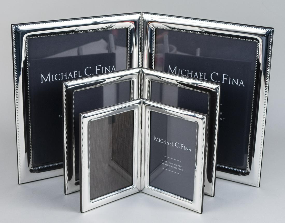 Set of Three Michael C Fina Silver Picture Frames: Lexington pattern, including a double 8 x 10 frame, a double 5 x 7 frame, and a double 4 x 6 frame. Notice to bidders: Due to the nature of this particular online sale, the lots offered may not be ava