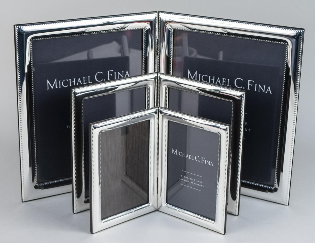 Set of Three Michael C Fina Silver Picture Frames: Lexington pattern, including a double 8 x 10 frame, a double 5 x 7 frame, and a double 4 x 6 frame. Notice to bidders: Due to the nature of this particular online sale, the lots offered may not be ava