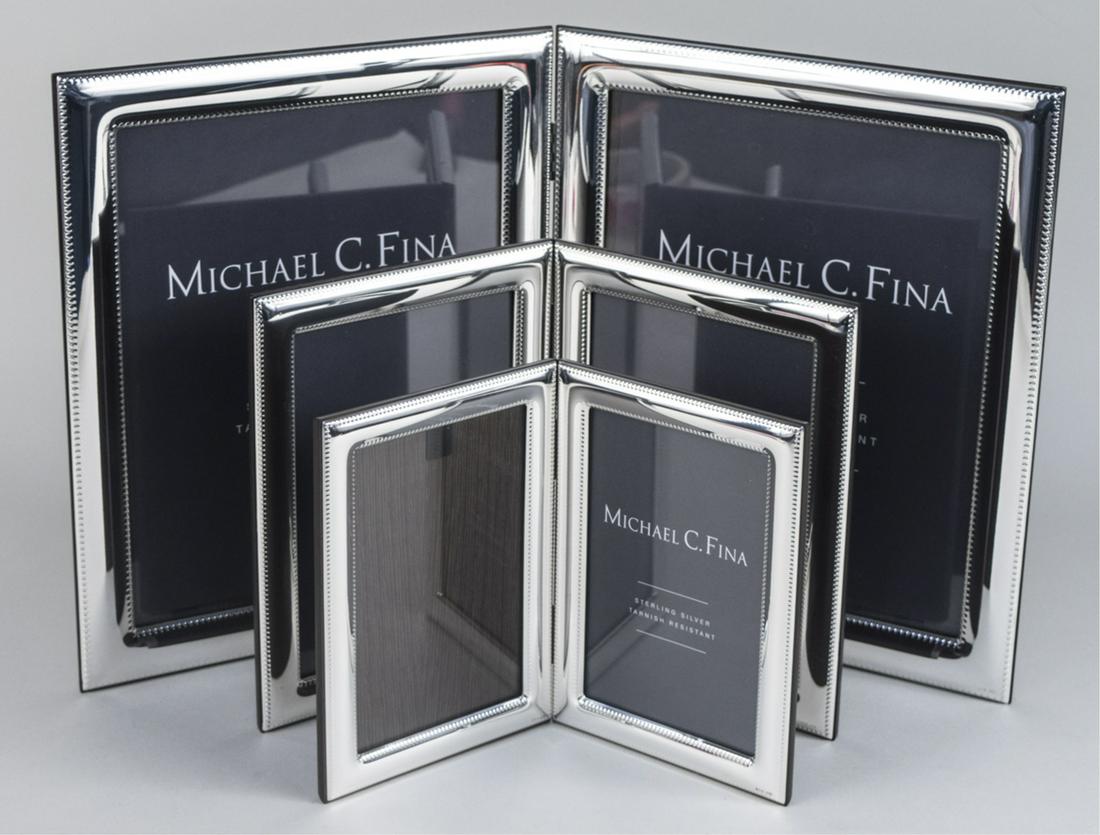 Set of Three Michael C Fina Silver Picture Frames: Lexington pattern, including a double 8 x 10 frame, a double 5 x 7 frame, and a double 4 x 6 frame. Notice to bidders: Due to the nature of this particular online sale, the lots offered may not be ava