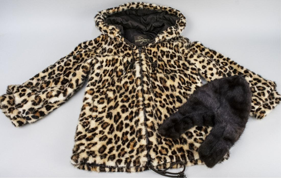 Mink Jacket and Bib: Jacket by Storfer Bros. Furs, leopard print mink hooded jacket. Size XS; together with a brown mink bib. Notice to bidders: Due to the nature of this particular online sale, the lots offered may not b
