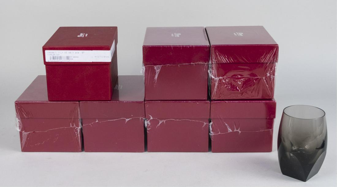 Set of Seven Moser Crystal Bar Glasses: Seven smoke Crystal Bar pattern highball glasses, in original boxes. Notice to bidders: Due to the nature of this particular online sale, the lots offered may not be available for detailed condition r