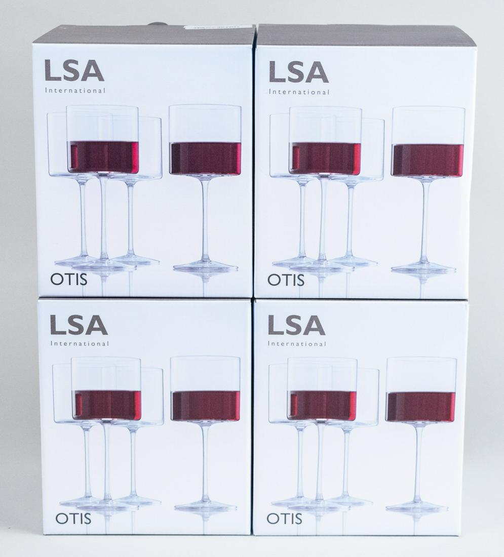 Set of Sixteen LSA International Otis Wine Glasses: Red wine glasses, in original boxes. Notice to bidders: Due to the nature of this particular online sale, the lots offered may not be available for detailed condition reports or additional photography