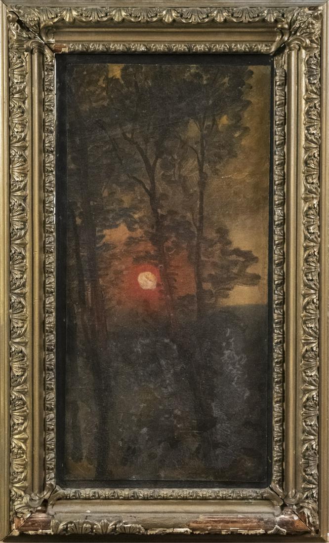 Oil on board (19th Century): Sunset through trees. Signed illegibly at lower right. Frame size, 22 x 13 1/2 inches. Notice to bidders: Due to the nature of this particular online sale, the lots offered may not be available for de