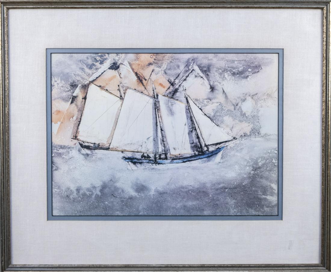 William Thon Off Shore Sailing Ship: Water colour. Sight size 13 x 18 inches. Notice to bidders: Due to the nature of this particular online sale, the lots offered may not be available for detailed condition reports or additional photogr