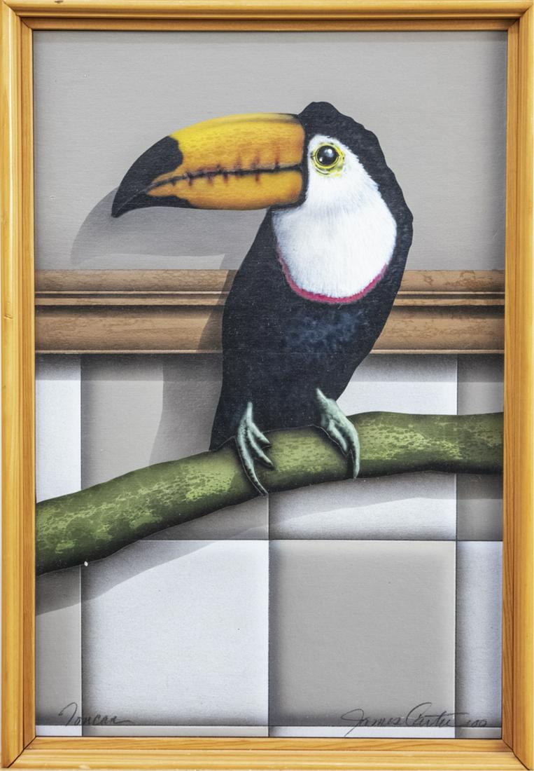 James Carter (American, b 1948): Toucan. Acrylic on panel, 2000. Signed and dated lower right, titled lower left. Panel size15 x 10 inches, framed. Notice to bidders: Due to the nature of this particular online sale, the lots offered