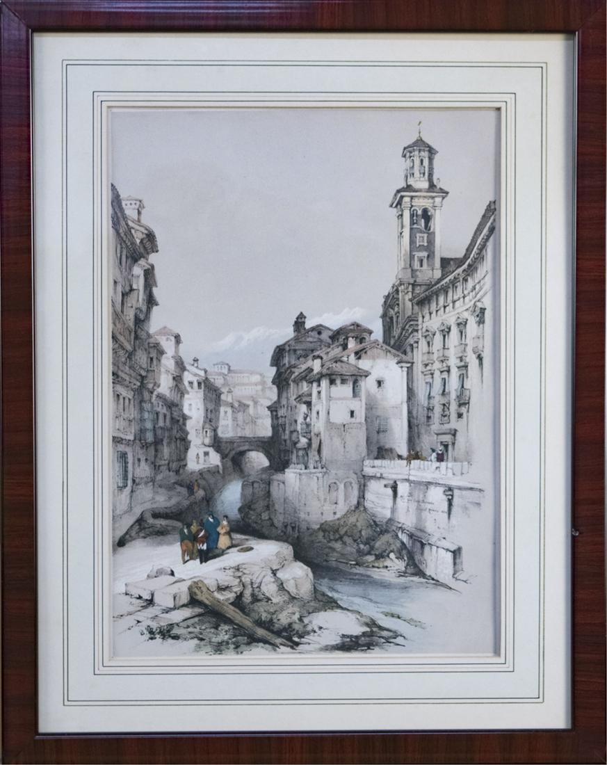 David Roberts Lithograph: "Sketches of Spain." Hand colored lithograph. Signed in the plate. Frame size, 22 x 18 inches. Matted and framed. Notice to bidders: Due to the nature of this particular online sale, the lots offered