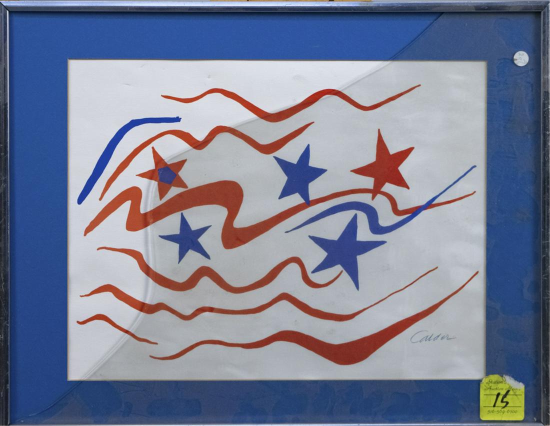 Alexander Calder (American, 1898-1976): Flying Colors 76. Lithograph. Signed in plate. Sight size 10 1/2 x 13 3/4 inches, matted and framed. Notice to bidders: Due to the nature of this particular online sale, the lots offered may not be av