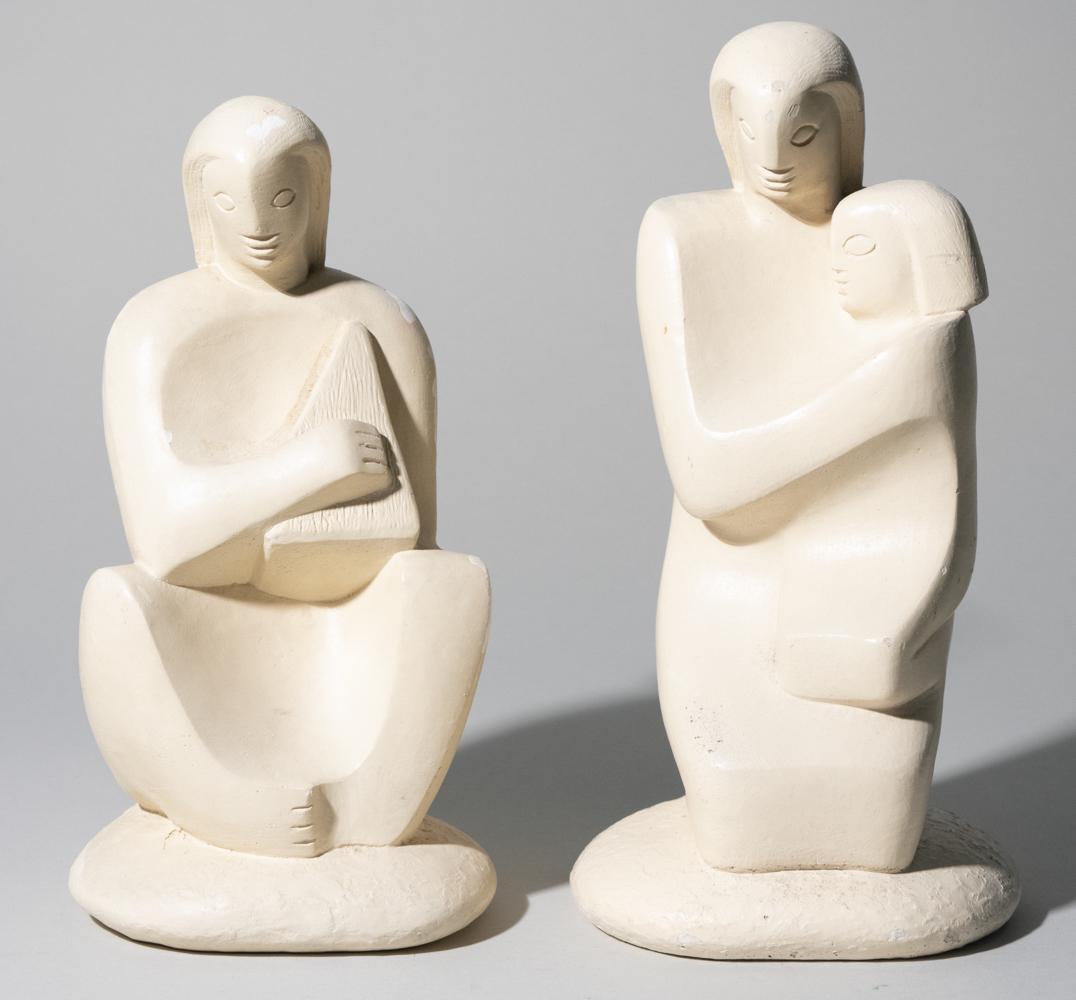 Rima Schulkind (American 20th century): Two cubist figures, circa 1960, signed on the bottom. Taller, height 10 inches. Notice to bidders: Due to the nature of this particular online sale, the lots offered may not be available for detailed 