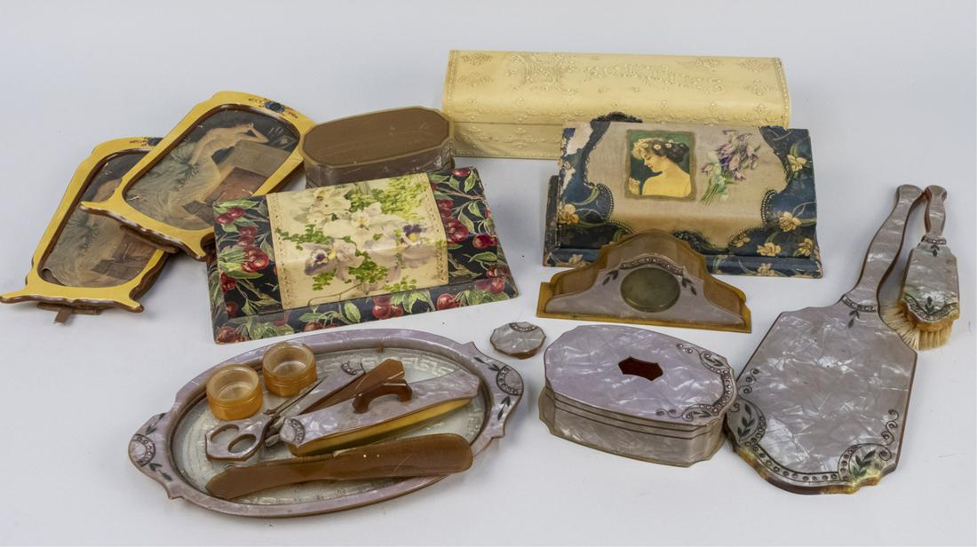 Group of Vintage Dresser Articles: Including brushes, hand mirrors, three glove boxes, etc. Various sizes. Notice to bidders: Due to the nature of this particular online sale, the lots offered may not be available for detailed conditio