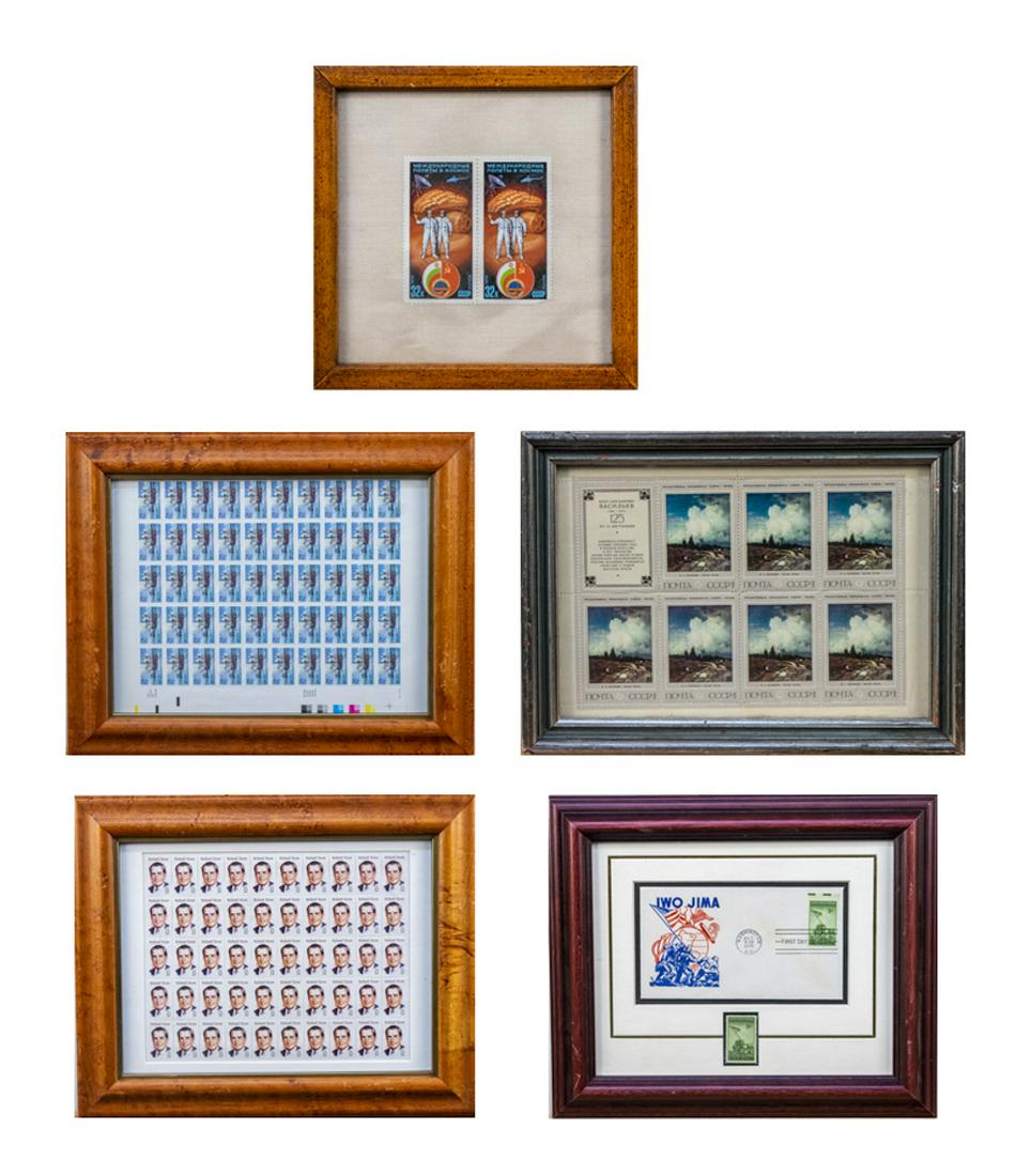 Five Framed Stamp Collections: Two Russian / Soviet stamps framed; Iwo Jima First Day cover with a 3 cent stamp, full page of 29 cent stamps commemorating 500 anniversary of Columbus landing in Puerto Rico and a full page RIchard N