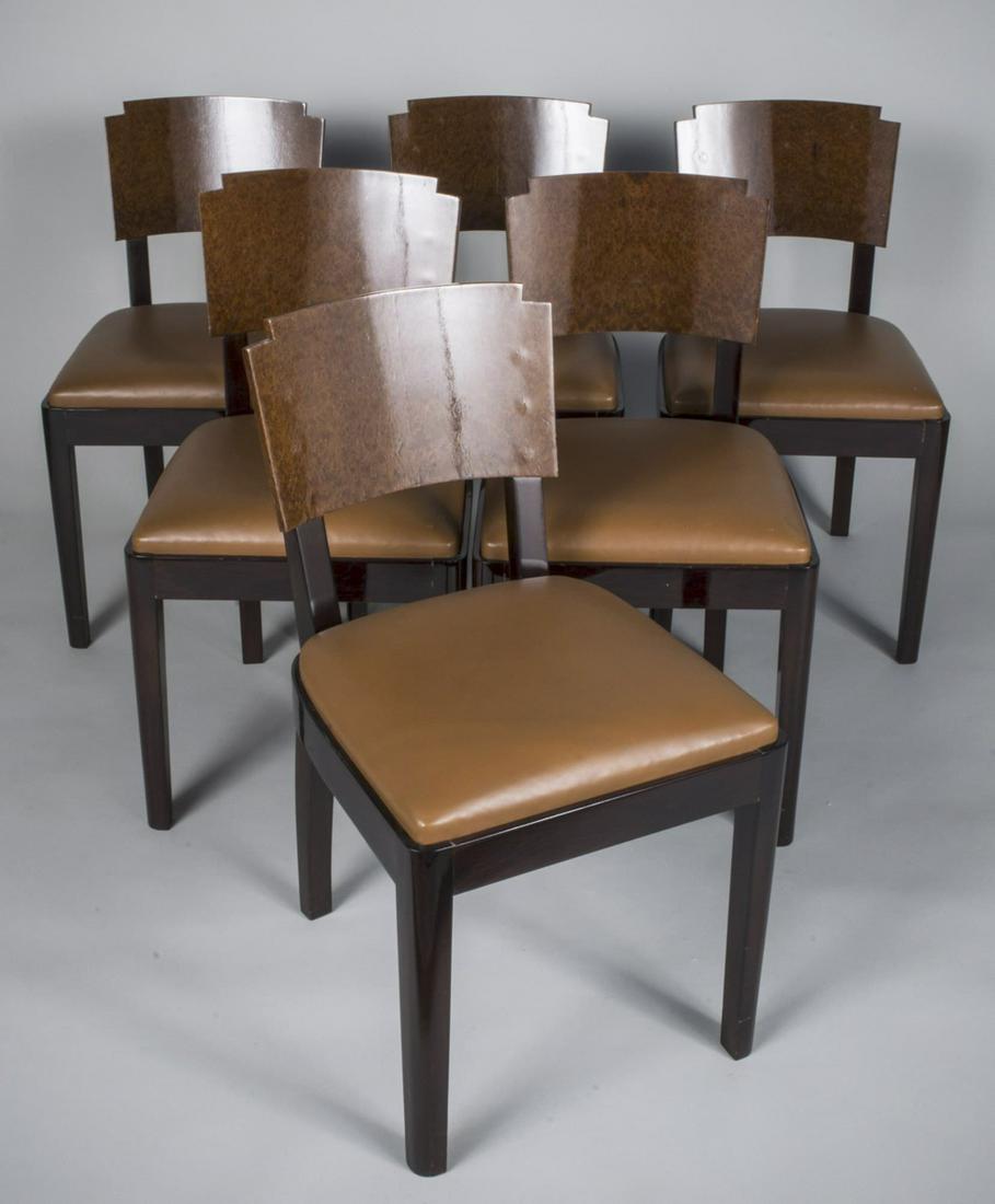 Set of Six Art Deco Chairs: Exotic wood side chairs with leather upholstered seats. Height 31 1/2 inches, width 17 inches, depth 20 inches. Notice to bidders: Due to the nature of this particular online sale, the lots offered ma
