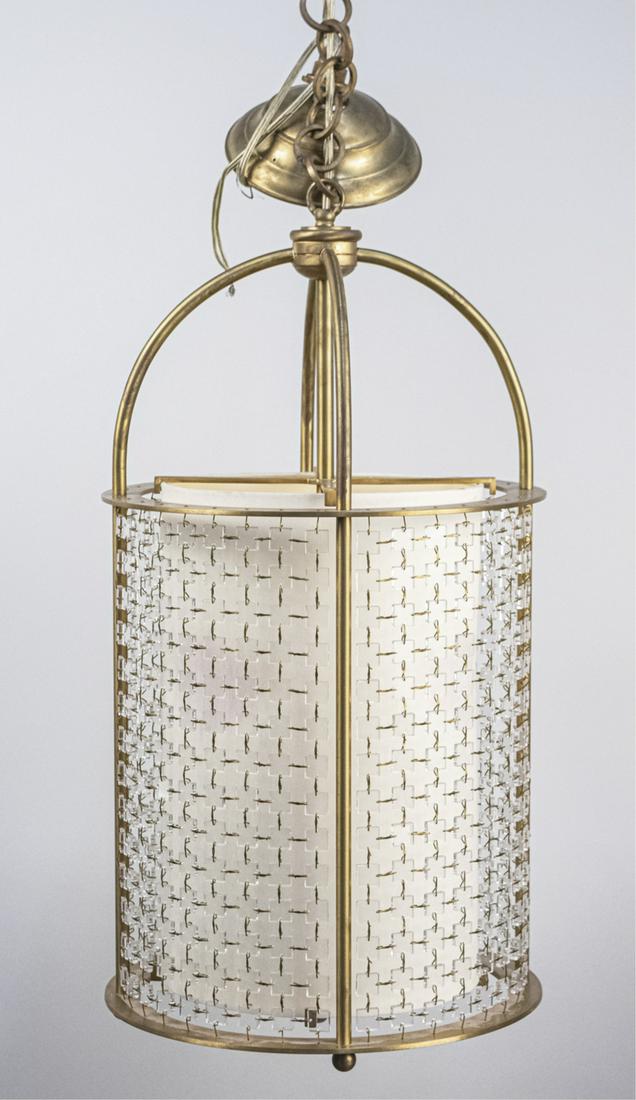 Hanging Light: Three light lantern with interior fabric shade and exterior beaded shade. Height 22 inches, width 10 inches. Notice to bidders: Due to the nature of this particular online sale, the lots offered may n