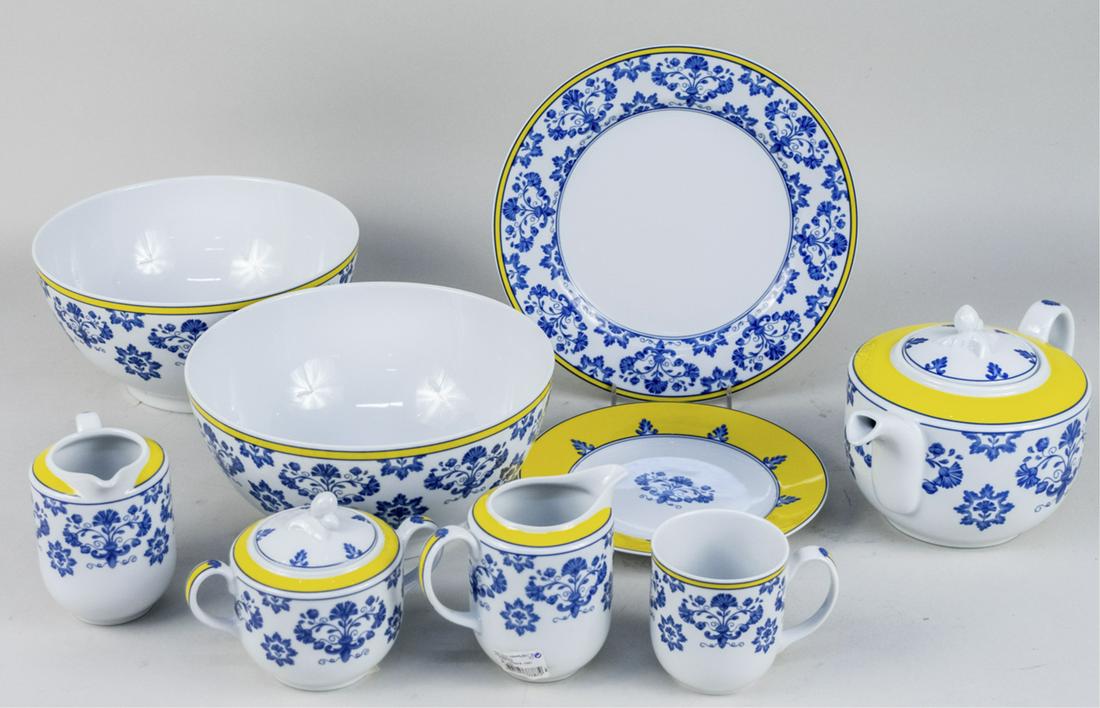 Vista Alegre Castelo Branco Partial Dinner Service: Nine pieces, comprising a dinner plate, a salad plate, a cup, a teapot, two creamers, a sugar bowl, and two round vegetable bowls. Dinner plate diameter 10 1/2 inches. Notice to bidders: Due to the na