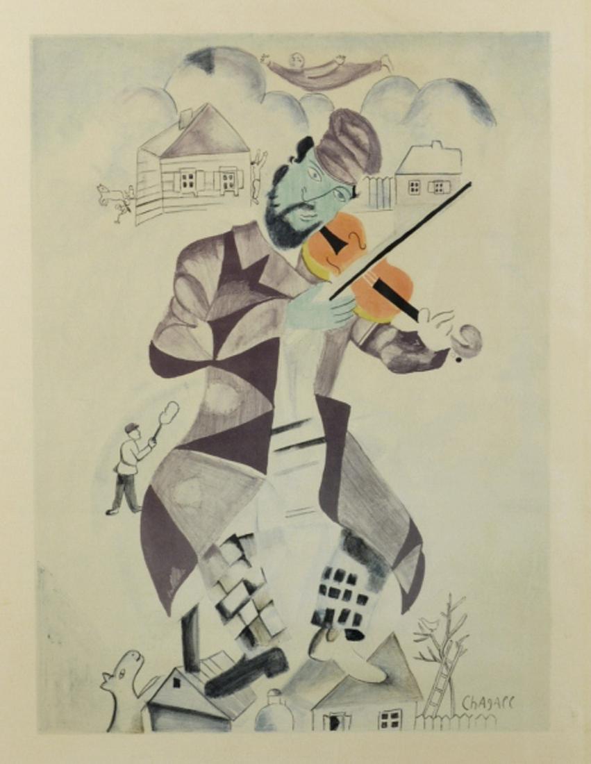 Marc Chagall (Russian/French, 1887-1985): Fiddler. Color lithograph. Signed in plate l.r. Chagall, sight size 25 1/2 x 20 inches, unframed. Notice to bidders: Due to the nature of this particular online sale, the lots offered may not be avail