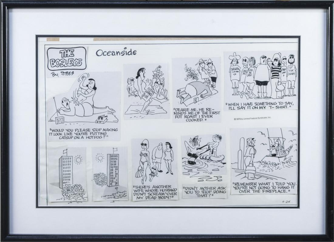 John Stees, The Bosleys Cartoon: The Bosleys, Oceanside. Pen and ink, 20th century. Size 19 x 26.25 inches. Matted and framed. Notice to bidders: Due to the nature of this particular online sale, the lots offered may not be available