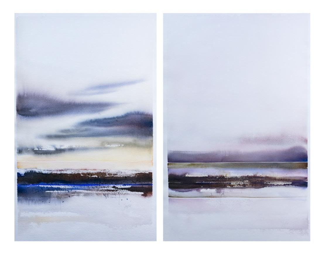 Two Watercolors (American School, 20th Century): Two abstract watercolor paintings. Watercolor on wove paper. Signed illegibly (l.r.). Sheet size 40 x 25 1/2 inches. Both unframed. Ex-collection: Robert C. Graham, Sr., by descent. Notice to bidders: