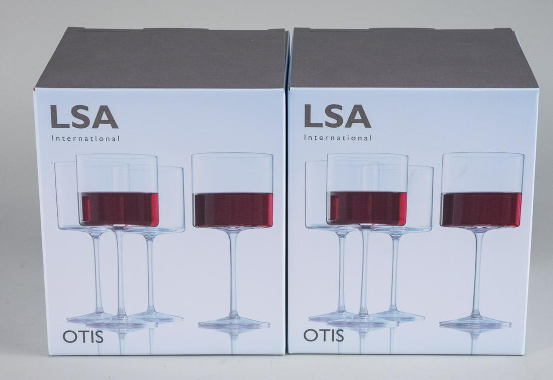 Set of Eight LSA International Otis Wine Glasses: Red wine glasses, in original boxes. Notice to bidders: Due to the nature of this particular online sale, the lots offered may not be available for detailed condition reports or additional photography