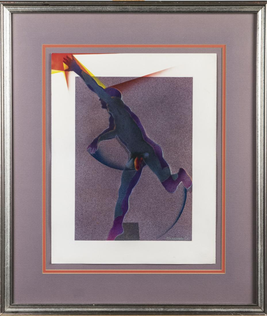 Jorge Carruana Bances (Cuban, 1940 - 1997): Naked man in dynamic stance. Acrylic on paper. Signed Carruana and dated 85 at lower right. Blindstamp Schoeller Durex on paper. Sheet size, 17 3/4 x 13 3/4 inches. Frame size, 26 x 22 inches. Matted 