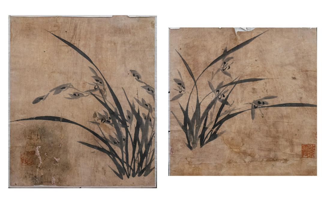 Two Korean Paintings: Flowers and tall grass. 19th century, ink on paper, each with chop mark. Sheet size unframed. Notice to bidders: Due to the nature of this particular online sale, the lots offered may not be available