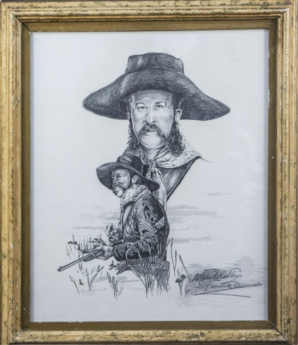 Sergeant Butler Drawing: Pencil drawing on paper, signed illegibly l.r. Inscribed on verso "Sgt. Butler/ killed in action/ with Custer at/ Little Big Horn. Sight size 19 x 15 1/2 inches. Notice to bidders: Condition reports a