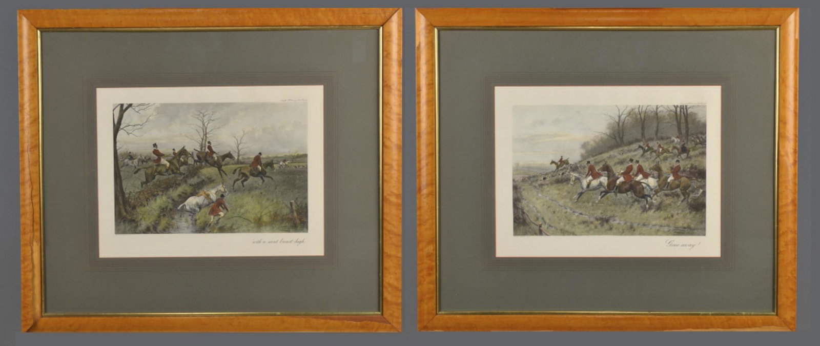 After George Wright (British 1834 - 1934): Pair of sporting pictures. Modern reproductions. Sight size 15 1/2 x 20 1/2 inches. Matted and framed. Notice to bidders: Condition reports and additional photographs are provided by request as a cour
