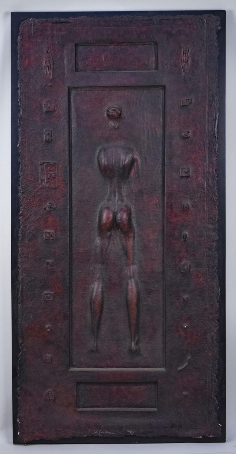 Relief Picture: Papier mache composite, depicting a nude female from behind. 61 1/2 x 30 1/2 inches. Notice to bidders: Condition reports and additional photographs are provided by request as a courtesy to our client