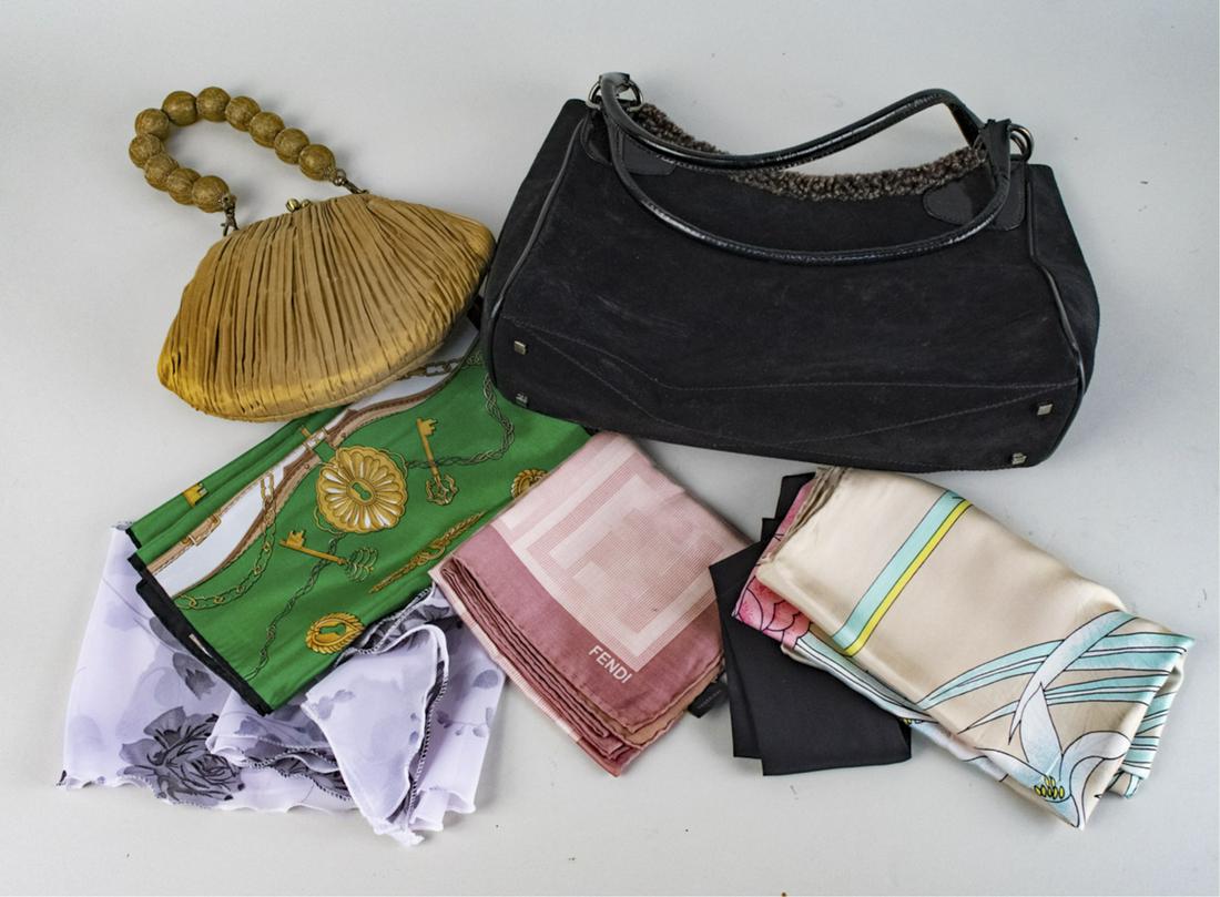 Designer Handbags and Scarf: Group of Designer Purses and Scarves Including Fendi, Stuart Weitzman, Baggalini, etc. Notice to bidders: Condition reports and additional photographs are provided by request as a courtesy to our clie