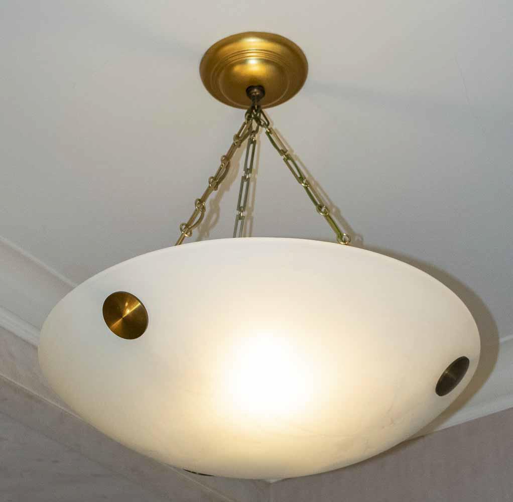 Contemporary Style Plafonnier: Faux alabaster shade. Height 20 inches, width 24 inches. Notice to bidders: Condition reports and additional photographs are provided by request as a courtesy to our clients, as such any condition rep