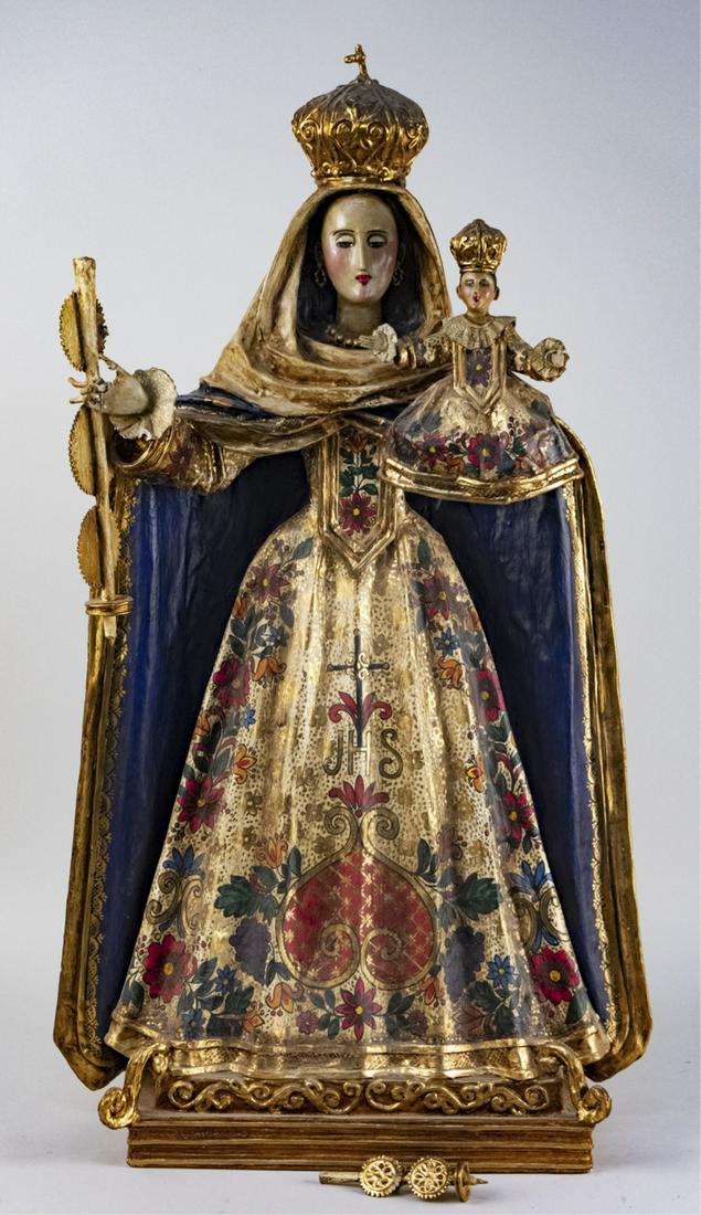 Madonna Figure: Polychrome painted papier mache figure of Madonna and Christ Child. Height 35 inches. Notice to bidders: Condition reports and additional photographs are provided by request as a courtesy to our clien