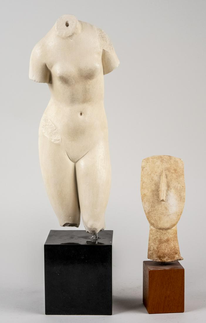 Two Composite Greek Style Sculptures: After the antique, one a classic female nude torso, the other an abstract head. Taller overall, height 19 inches. Notice to bidders: Condition reports and additional photographs are provided by reques