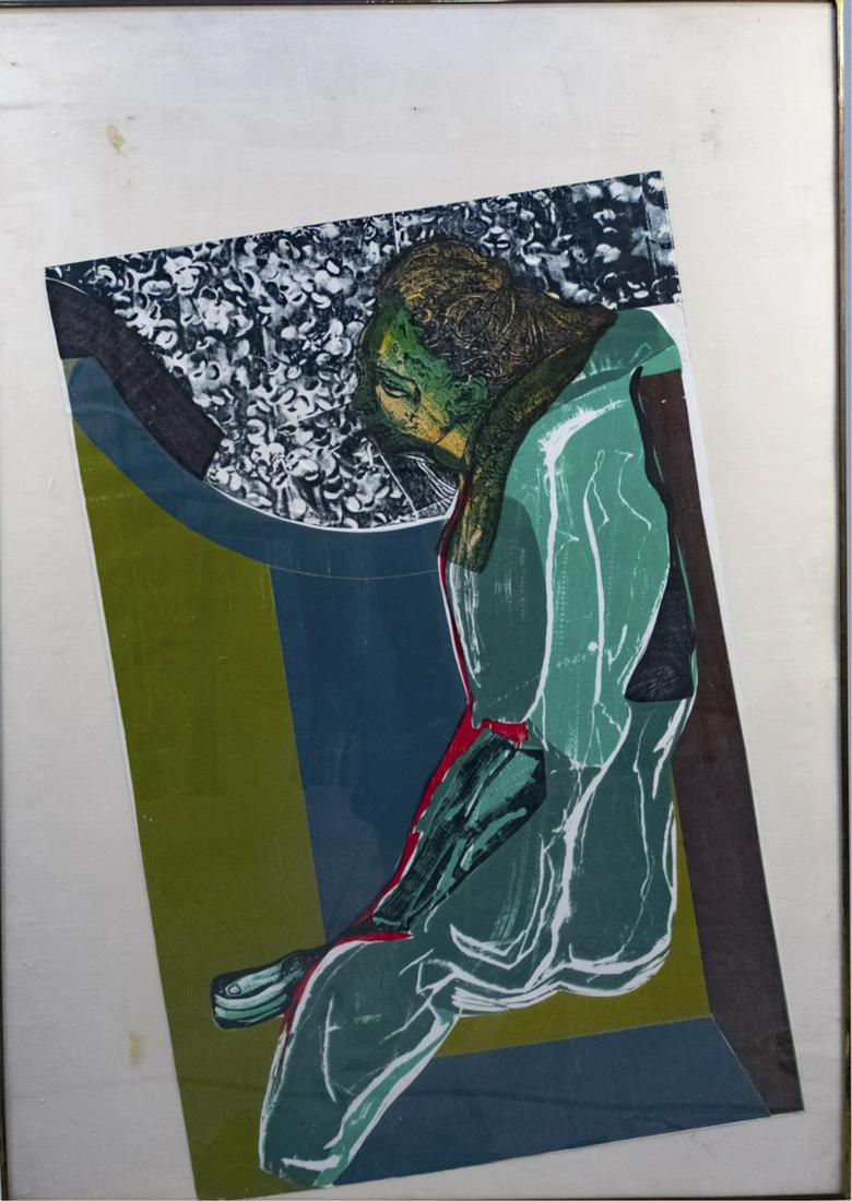 Green Woman Reclining: Print, oversize frame. Sight size 41 1/2 x 27 inches. Notice to bidders: Due to the nature of this particular online sale, the lots offered may not be available for detailed condition reports or addit