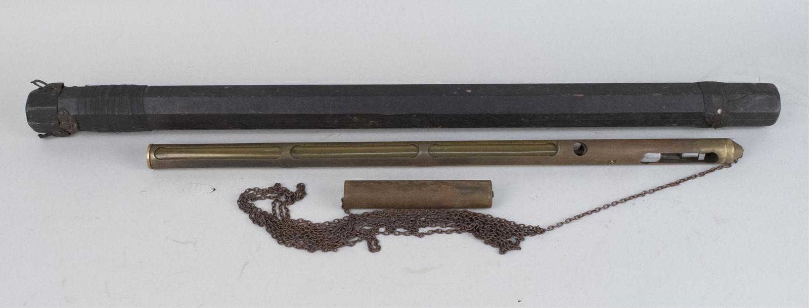 Antique Brass Surveying Tool: In wood storage case. Notice to bidders: Due to the nature of this particular online sale, the lots offered may not be available for detailed condition reports or additional photography. The absence o