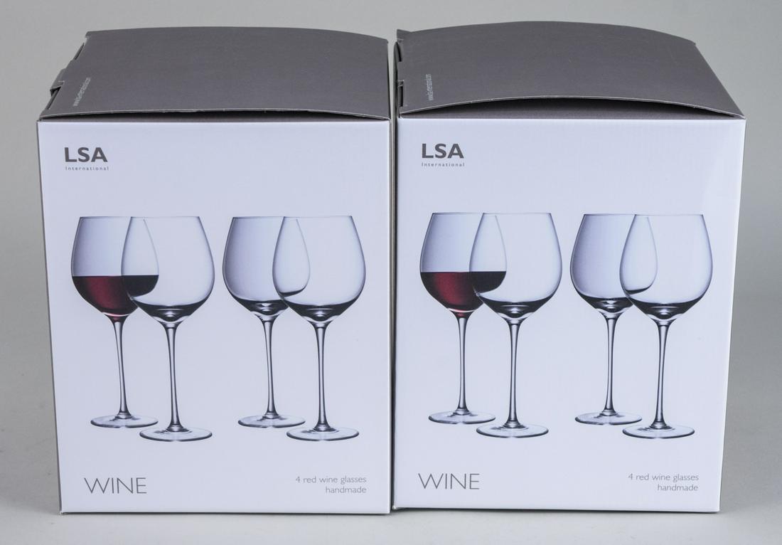 Set of Eight LSA International Red Wine Glasses: In original boxes. Notice to bidders: Due to the nature of this particular online sale, the lots offered may not be available for detailed condition reports or additional photography. The absence of a