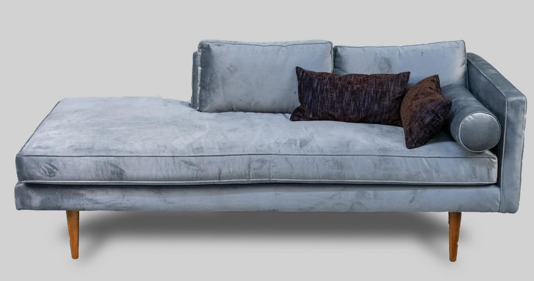 West Elm Blue Velour Chaise Longue: Height 30 inches, length 76 inches, depth 35 inches. Notice to bidders: Due to the nature of this particular online sale, the lots offered may not be available for detailed condition reports or additi