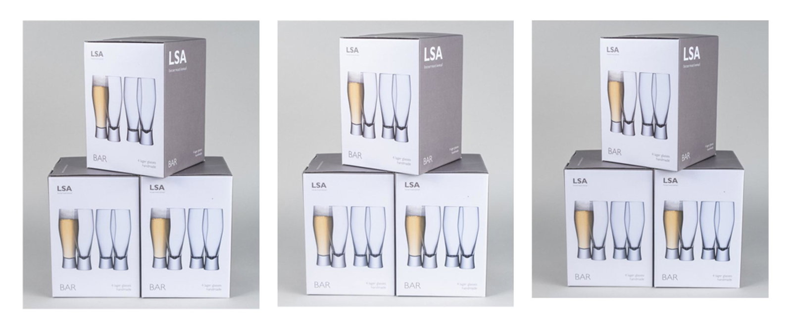 Three Sets of 12 LSA International Lager Glasses: In original boxes. Notice to bidders: Due to the nature of this particular online sale, the lots offered may not be available for detailed condition reports or additional photography. The absence of a