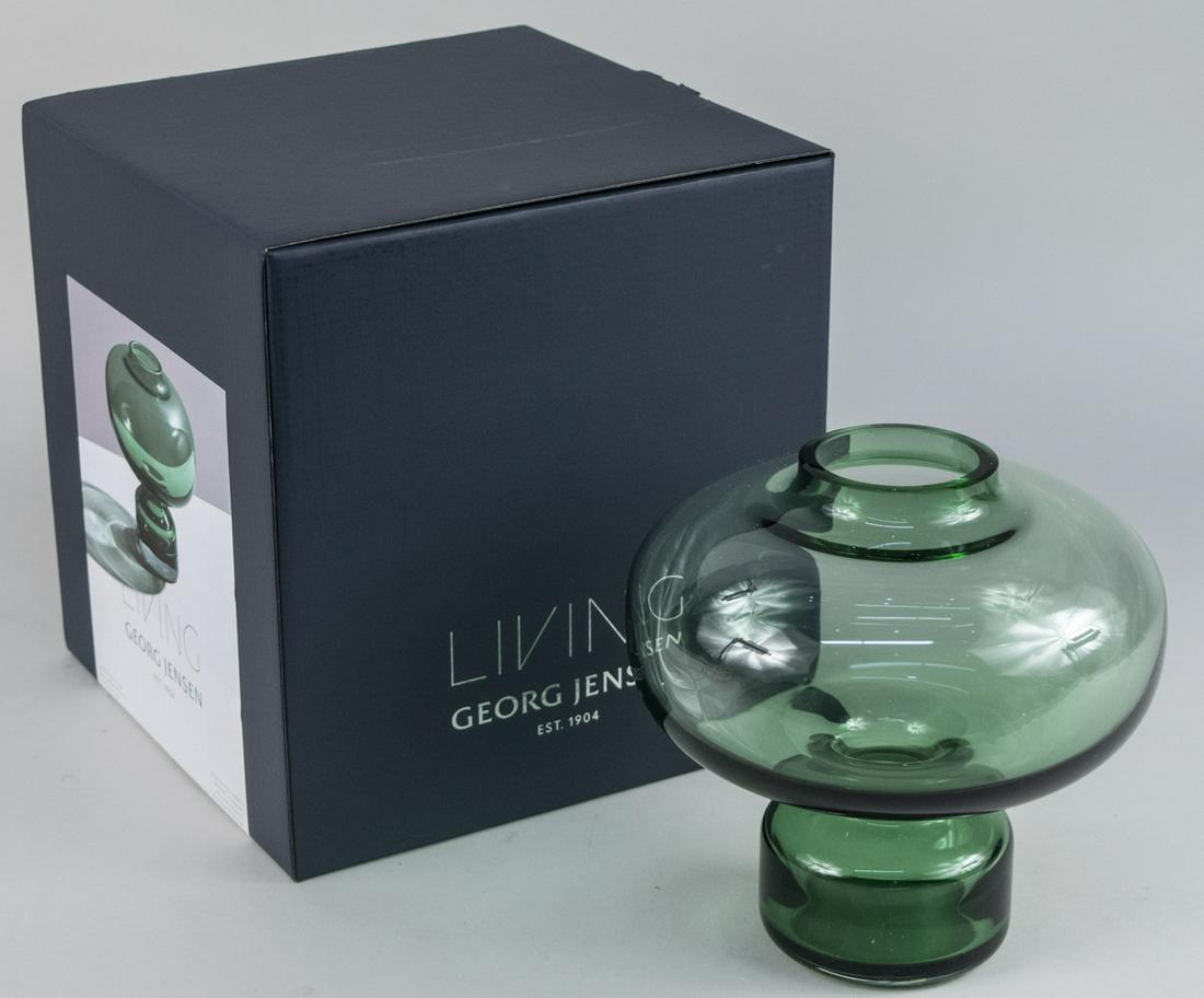 Georg Jensen Green Glass Vase: From the Alfredo Collection, design by Alfredo Haberli, in original box. Height 8 inches, diameter 8 inches. Notice to bidders: Due to the nature of this particular online sale, the lots offered may n