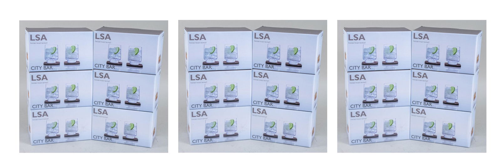 Three Sets of Twelve LSA City Bar Tumblers: With coasters, in original boxes. Notice to bidders: Due to the nature of this particular online sale, the lots offered may not be available for detailed condition reports or additional photography. T