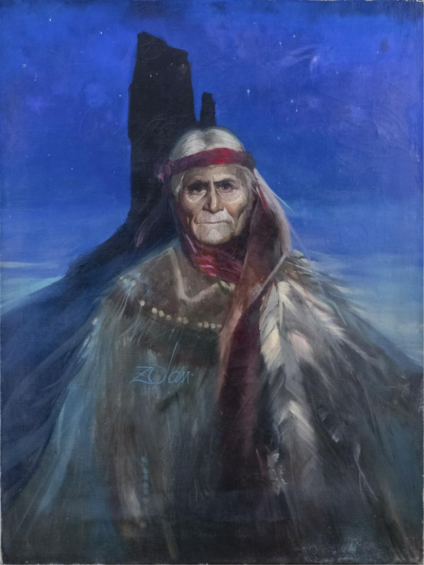 Donald Zolan (American, b. 1937): Native American Elder. Oil on canvas, dated on upper outside edge of canvas 1988. Signed Zolan middle left. Canvas size 40 x 30 inches, unframed. Notice to bidders: Condition reports and additional ph
