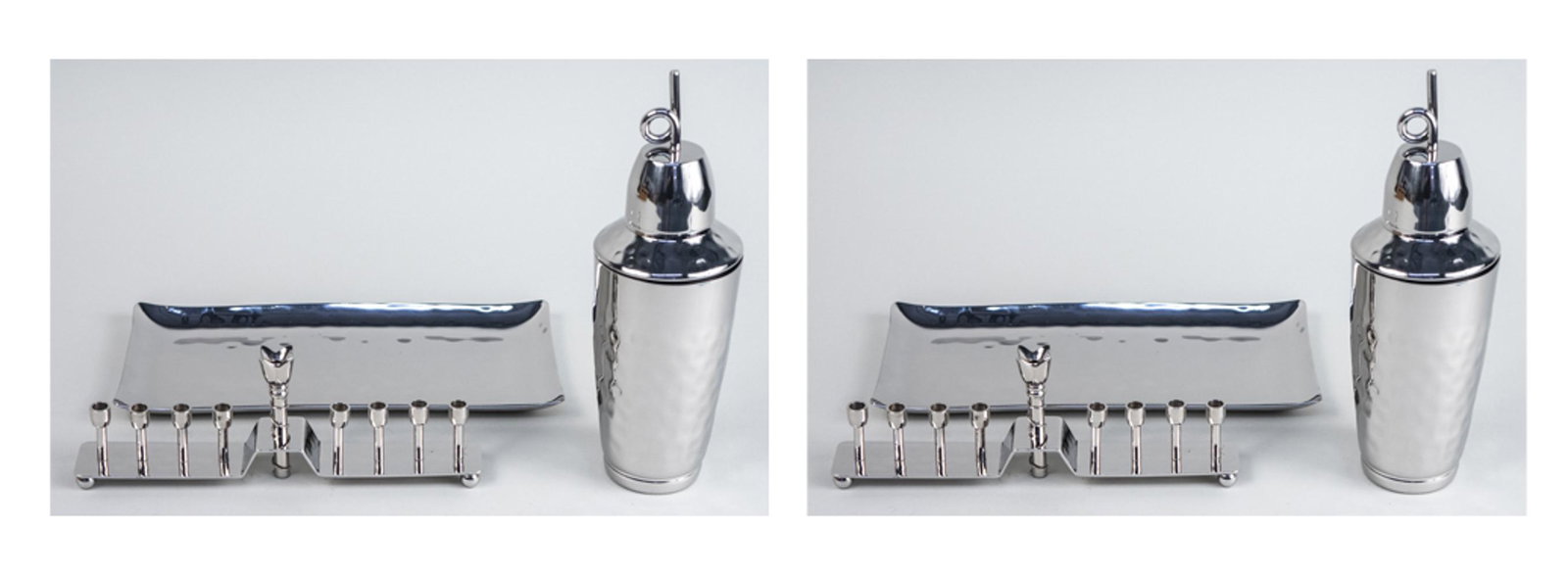 Group of Mary Jurek Table Decorations: Including two rectangular trays, two menorahs, and two cocktail shakers, in original boxes. Shaker, height 9 inches. Notice to bidders: Condition reports and additional photographs are provided by req