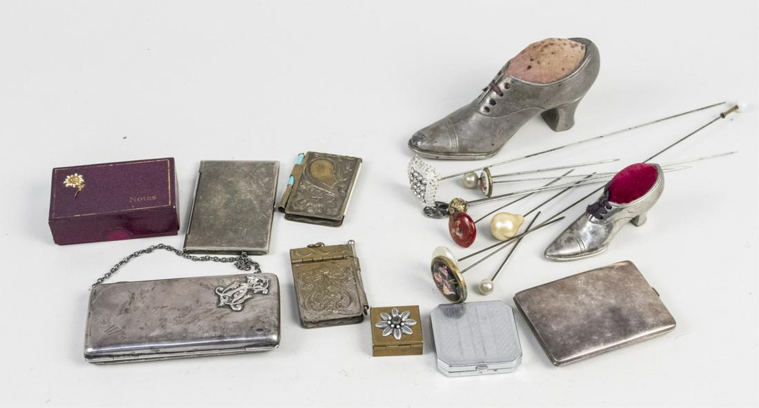 Group of Silver Purses and Card Holders: Including coin purses, note pads, two shoe pin cushions, etc. Notice to bidders: Condition reports and additional photographs are provided by request as a courtesy to our clients, as such any conditio