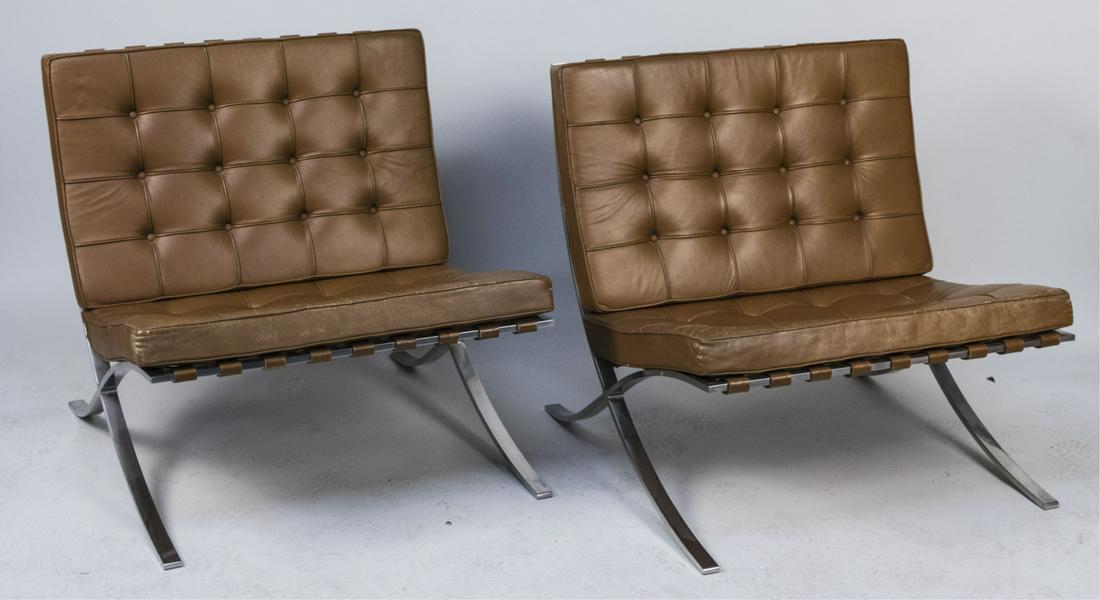 Pair Mies Van Der Rohe for Knoll Barcelona Chairs: Light brown leather button tufted cushioned chairs. Height 29 inches, width 30 inches, depth 30 inches. Notice to bidders: Condition reports and additional photographs are provided by request as a cou