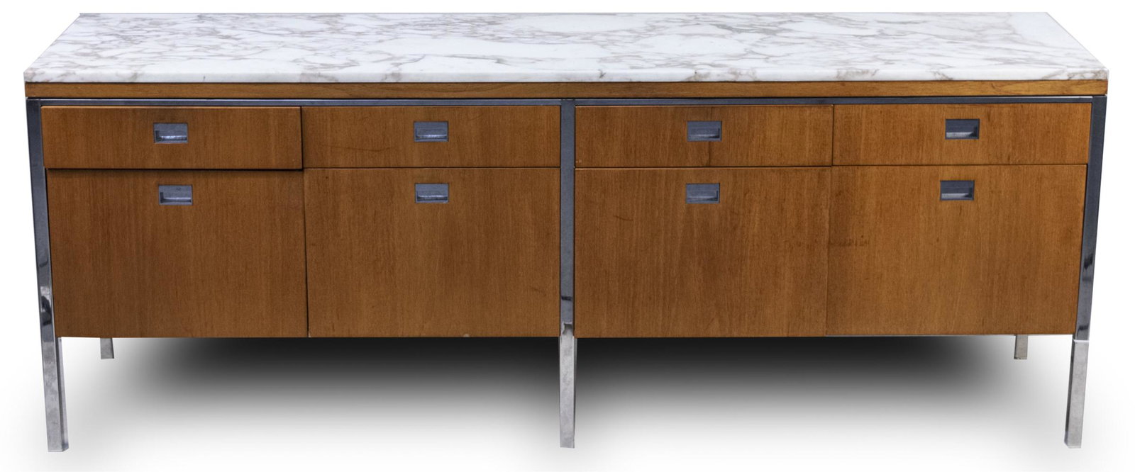 Florence Knoll Style Marble Top Credenza: Brown veined white marble top Height 27 1/2 inches, width 72 inches, depth 19 inches. Notice to bidders: Condition reports and additional photographs are provided by request as a courtesy to our clien