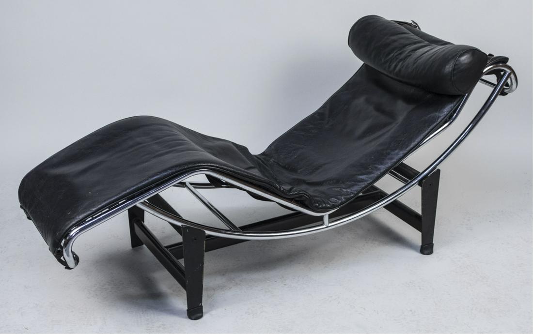 Le Corbusier LC4 Chaise Lounge: Black leather pad and head pillow. Height 28 inches, width 23 inches, length 64 inches. Notice to bidders: Condition reports and additional photographs are provided by request as a courtesy to our cli