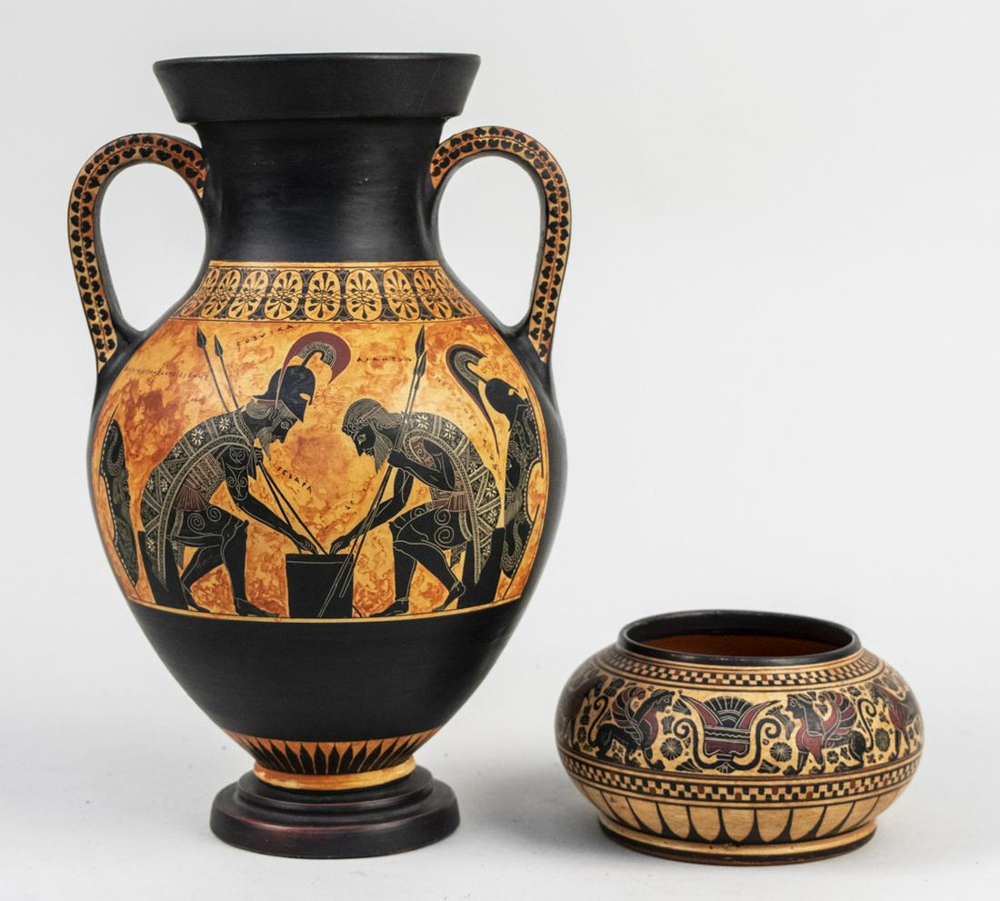 Reproduction Greek Amphora and Bowl: Both with classical decoration. Amphora, height 11 3/4 inches. Notice to bidders: Condition reports and additional photographs are provided by request as a courtesy to our clients, as such any conditi