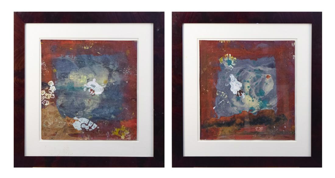 Jamali (Pakistani/American, b. 1944): Pair of abstract paintings. Acrylic on cork sheet. Sheet size, 20 x 20 inches. Frame size 32 x 31 inches. Matted and framed. Notice to bidders: Condition reports and additional photographs are provide