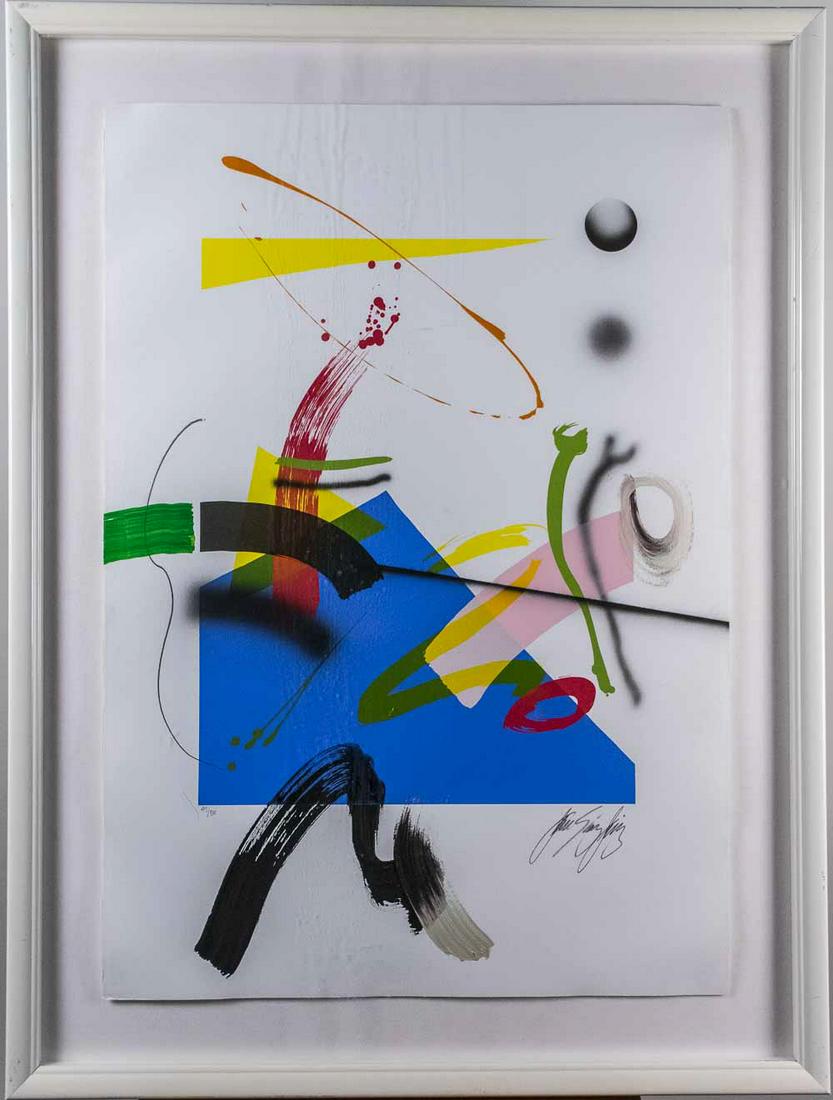 Juan Sanchez Juarez (Spanish, b. 1946): Sensation Blue (SJ 105). Serigraph with mixed media. Signed in pencil (l.r.), numbered 49/50 (l.l.). Sight size 39 x 27 inches. Matted and framed. Notice to bidders: Condition reports and additional p