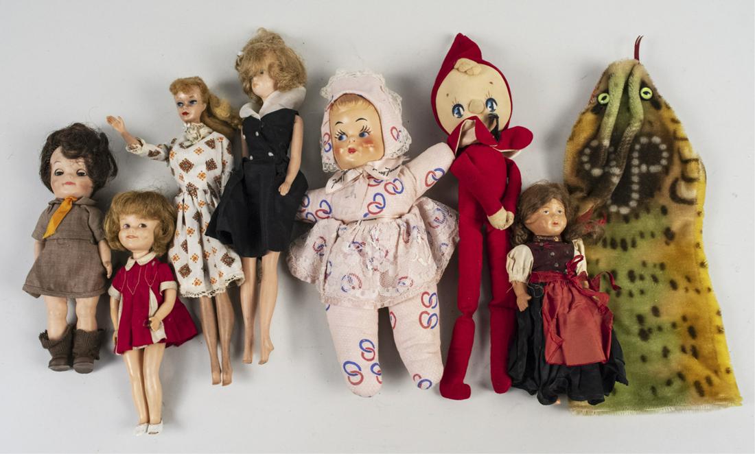 Barbie and Other Dolls: Vintage Barbie, hand puppet, etc. Notice to bidders: Condition reports and additional photographs are provided by request as a courtesy to our clients, as such any condition report is only an opinion