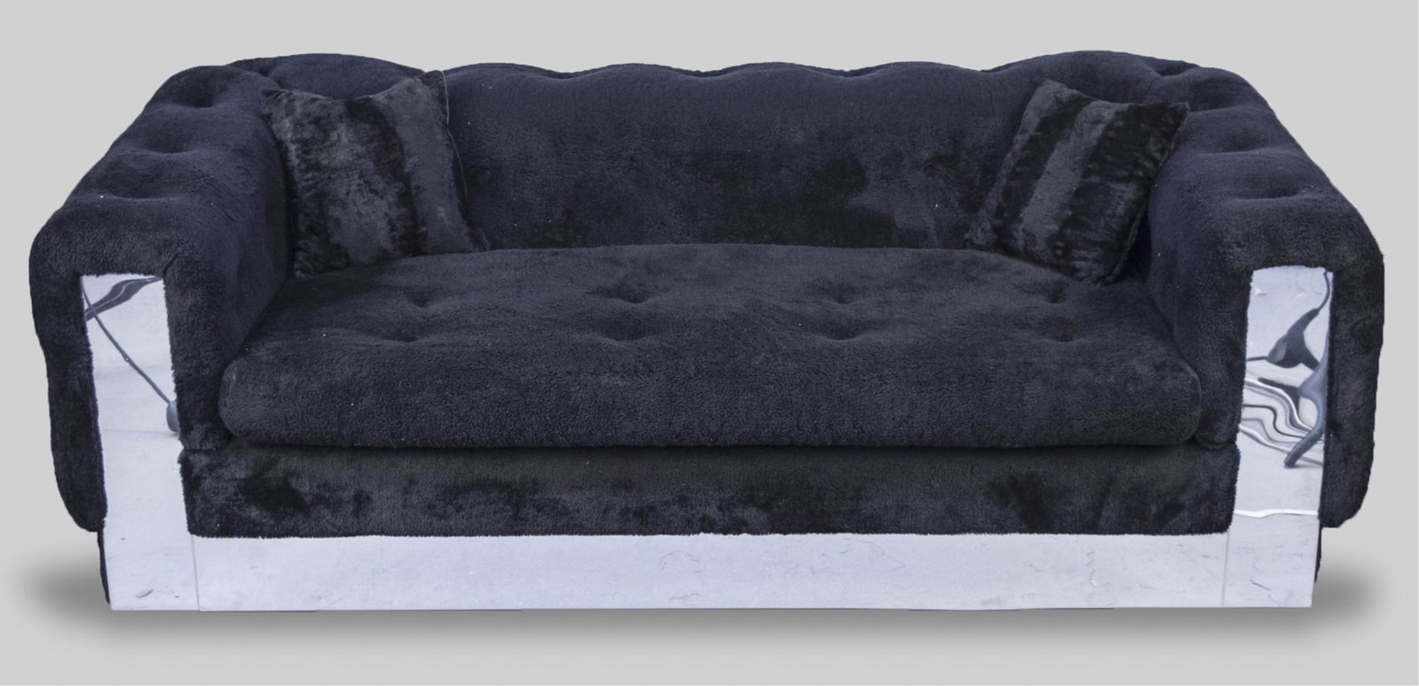Contemporary Black Sofa: Over stuffed black upholstered sofa. Height 26 inches, length 72 inches, depth 37 inches. Notice to bidders: Condition reports and additional photographs are provided by request as a courtesy to our c